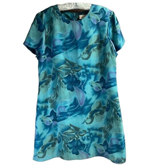 Kathie Lee Collection Ladies Floral Teal Short Sheer Sleeve Shift Dress 10 - Picture 1 of 4